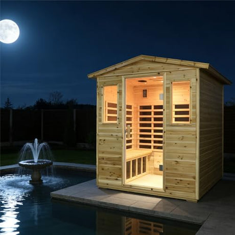 Kanlanth Outdoor Infrared Sauna with Red Light Therapy, 4 Person 2050watt Canadian Hemlock Wood Personal Sauna Room for Indoor Home, with Blue-Tooth, 4 Chromo Therapy Lighting, Control, Cup Holder Kanlanth