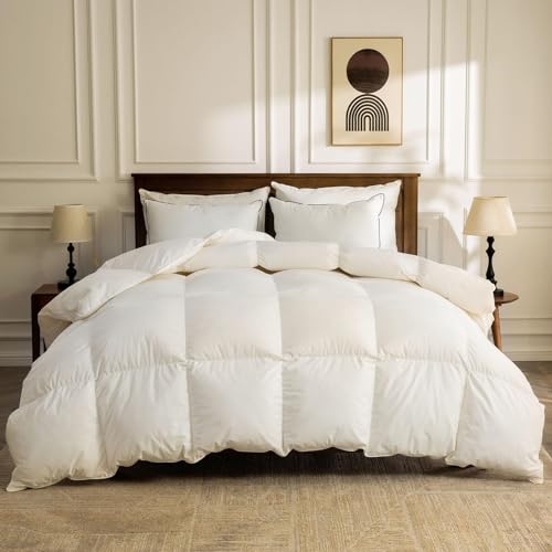 BPC Organic Feather Down Comforter Oversized King, Hotel-Luxury Fluffy Duvet Insert with Cotton Cover and Puffy Feather Down Filling for All-Season, Ivory White, 120x98 Inches BPC
