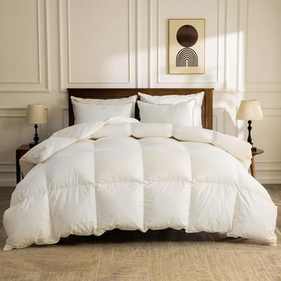 BPC Organic Feather Down Comforter Oversized King, Hotel-Luxury Fluffy Duvet Insert with Cotton Cover and Puffy Feather Down Filling for All-Season, Ivory White, 120x98 Inches