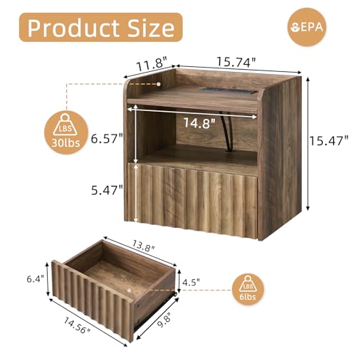 BuildHom Modern Fluted Floating Nightstand Wall Mounted Set of 2- Bedside Table with Storage Drawer & Display Shelf, Minimalist Bedroom Furniture for Studio Apartments(Rustic Brown) BuildHom
