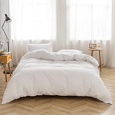 FACE TWO FACE Bedding Duvet Cover Set100% Washed Cotton Duvet Cover Linen Like Textured Breathable Durable Soft Comfy (Full, White) FACE TWO FACE