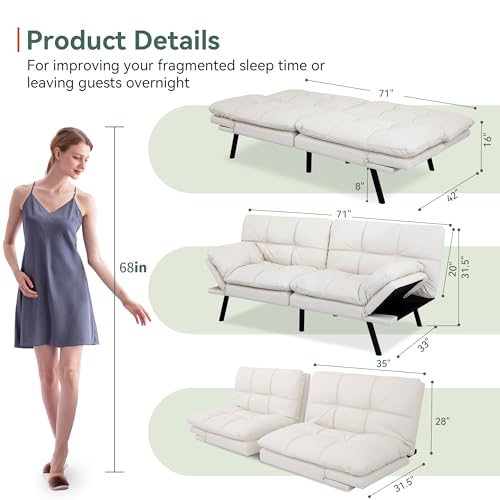 Opoiar 71" L Covertible Futon Sofa Bed,Faux Leather Futon Couch, Memory Foam Modern Loveseat Sleeper, Small Splitback Sofa Couches for Living Room,RV,Home Office,Apartment,White Opoiar