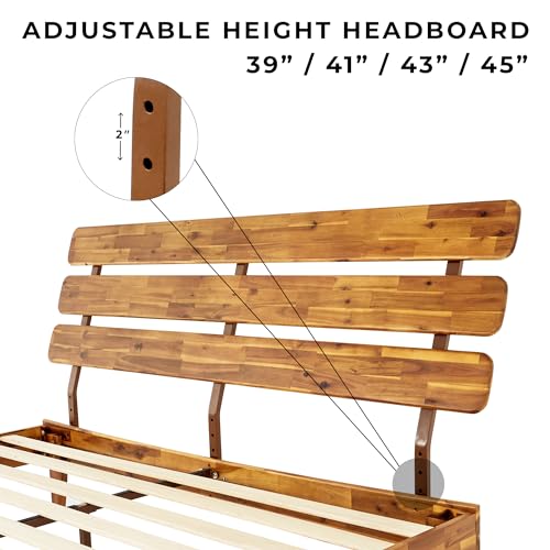 Bme Caden 15 Inch Deluxe Bed Frame with Adjustable Headboard - Mid Century, Retro Style with Acacia Wood - No Box Spring Needed - 12 Strong Wood Slat Support - Easy Assembly - Caramel, King Bme