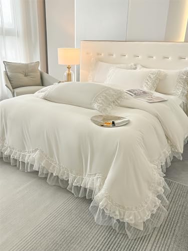MOOWOO Chic Ruffle Lace Polyester Duvet Cover Set -Girl White Bedding-2 Piece Twin Duvet Cover with Zipper Closure -Ultra Soft and Light Weight (White,Twin) MOOWOO