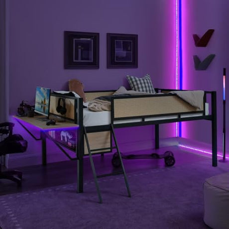 Single Game Bed Metal Full Loft Bed with Rectangular Desk, LED Lights, LED loft Bed Frame Double Bed with Storage Shelves and Hanging Storage Compartments, Safety Guard and Ladder, Rattang(Natural) JIJIWANG