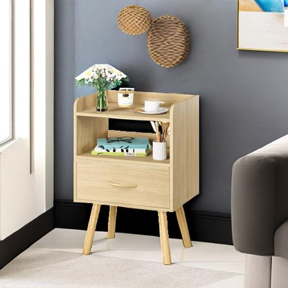 Yoobure Night Stand with Fabric Drawer, Modern Nightstand, Bedside Tables, Mid Century Nightstands with Open Storage Shelf, Wood Bedside Table, Small Night Stands for Bedrooms, 2-Tier Night Table