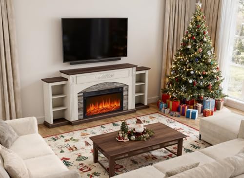 80" Electric Fireplace with Mantel, Fireplace TV Stand for TVs Up to 90 Inch, Realistic Stacked Stone Surround with Remote Control Timer LED Flame for Living Room(Antique White) BLANKSPACE