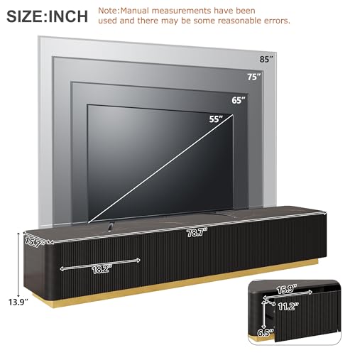 Fluted TV Stand for TVs Up to 85", Modern Entertainment Center with Drawers and Gold Base, Curved Profile TV Media Console Table with Faux Marble Tabletop for Living Room, Bedroom (Black) BEDGJH