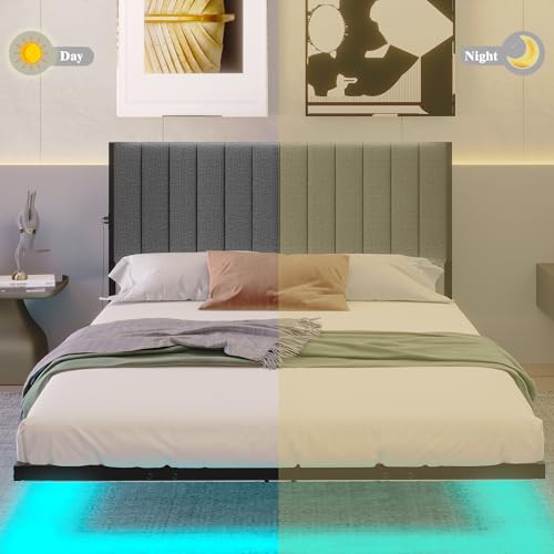 ARFARLY Floating Bed Frame Full Size with LED Lights and Charging Station, Full Size Bed Frame with Upholstered Headboard, Metal Platform Bed Frame Full with Under Bed Storage, No Box Spring Needed ARFARLY