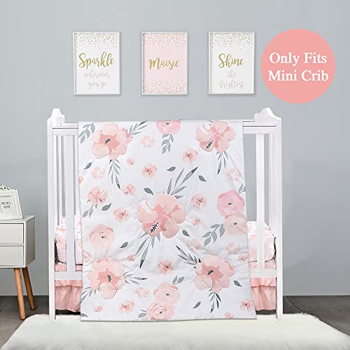 PINNKKU 3-Piece Crib Bedding Set for Boy Girls, Includes Crib Skirt, Blanket, Sheet, Baby Bedding, Floral, Mini Size PINNKKU