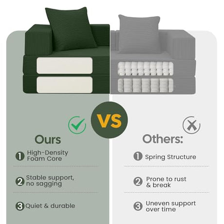 COMAX Futon Sofa Bed, 4‑in‑1 Convertible Sofa Bed, Folding Boneless Couches for Living Room, Fold Out Small Foldable Loveseat Floor Sleeper Comfy Mattress Lounge Space‑Saving, Green COMAX