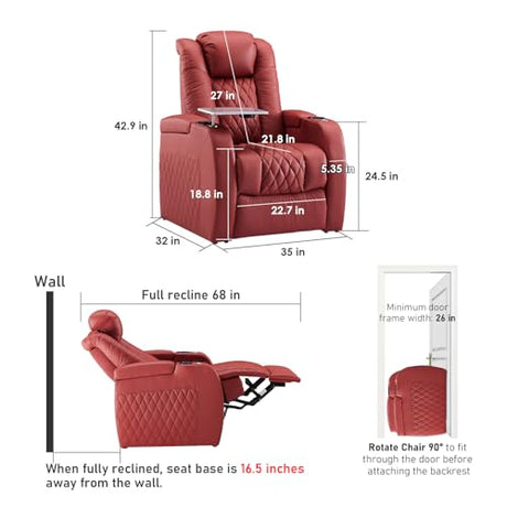 PBRO Home Theater Seating Genuine Leather Recliner Chair, Power Reclining & Headrest, USB A/C Charging Ports, Tray Table, Cup Holder Ambient Lighting Red Row of 1 PBRO