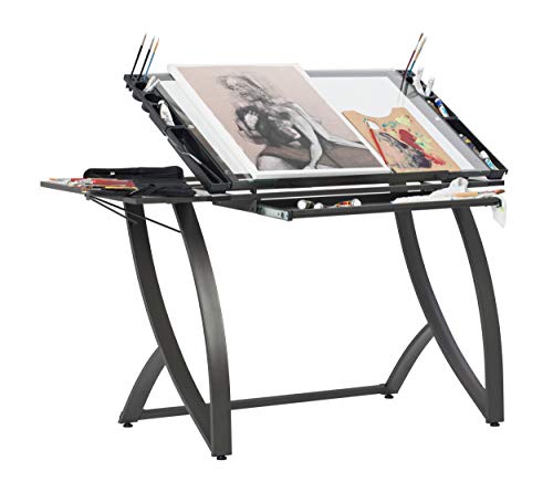 SD STUDIO DESIGNS Futura Luxe Drawing, Drafting, Craft Table with Drawer, 35" Wide Angle Adjustable Top and Side Shelf, Pewter Grey/Clear Glass SD STUDIO DESIGNS