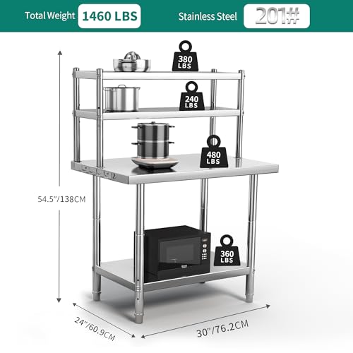 YITAHOME Stainless Steel Table with Overshelves, 30" X 24" Work Table with 30" X 12" Shelf, Metal Table Prep Table for Home Kitchen Restaurant Garage Warehouse - WoodArtSupply