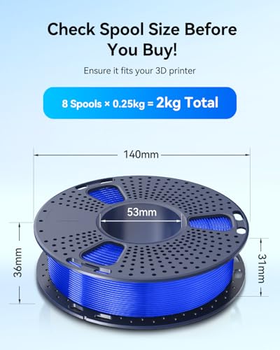 JAYO PLA+ Filament Bundle 1.75mm, 3D Printer Filament Bundle Multicolor, Individually Vacuum Packed, 250g Spool, 8 Pack, 2KG in Total, Black+White+Transparent+Clear(Blue+Red+Orange+Yellow+Purple) JAYO