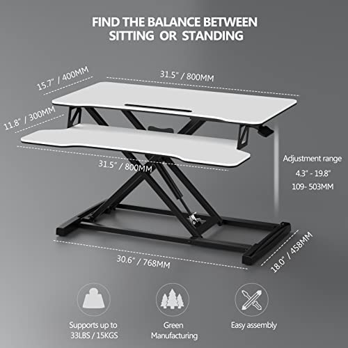FITUEYES Height Adjustable Standing Desk 32” Wide Sit to Stand Converter Stand Up Desk Tabletop Workstation for Laptops Dual Monitor Riser White SD308003WW FITUEYES