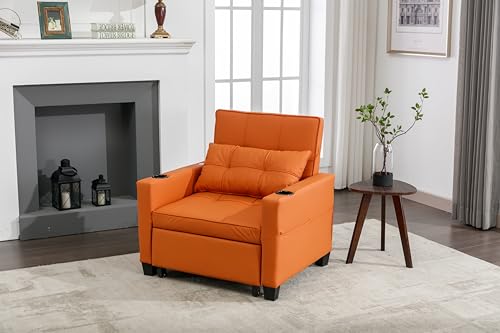 LENA LACED Convertable Futon Chair Bed with USB Ports and Cup Holders, 3-in-1 Design for Living Room, Orange Leather LENA LACED