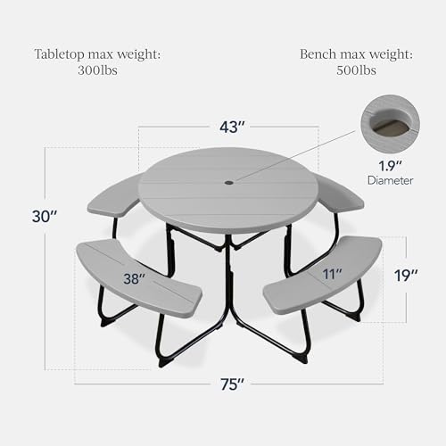 Best Choice Products 8-Person Outdoor Bench Patio Picnic Table, Circular w/ 4 Built-in Benches and Umbrella Hole, 2000lb Capacity - Light Gray Best Choice Products