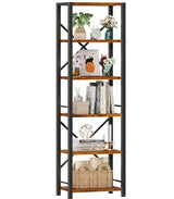 Furologee 6-Tier Rustic Brown Industrial Bookshelf - Narrow Metal and Wood Storage Unit for Home and Office Furologee
