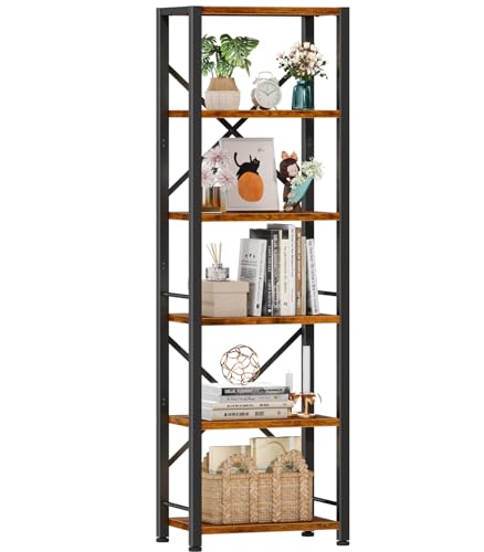 Furologee 6-Tier Rustic Brown Industrial Bookshelf - Narrow Metal and Wood Storage Unit for Home and Office - WoodArtSupply