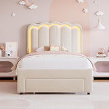Twin Upholstered LED Bed Frame with Storage Drawer and Adjustable Chic Double Wavy Headboard, Velvet Princess Platform Bed for Kids/Girls, Solid Wood Slats Support, No Box Spring Needed, Beige Jocoevol
