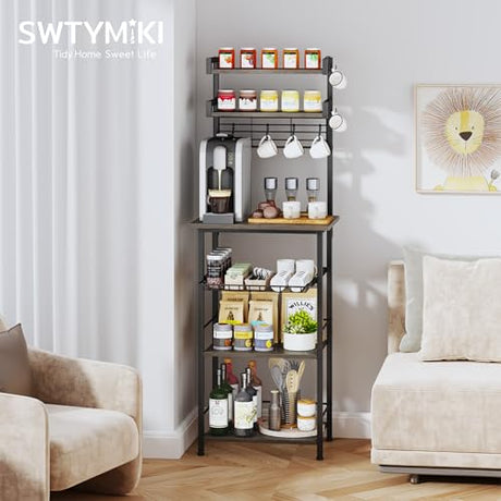 SWTYMIKI Coffee Bar Station Rack - Bakers Rack Corner Coffee Stand Station, Bar Cabinet for Kitchen with Hooks Grey SWTYMIKI