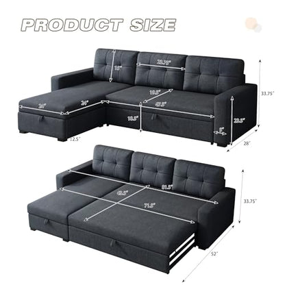 YOPTO 81.5" Sleeper Sectional Sofa,Upholstered Sectional Storage Chaise and Pull,Reversible L-Shape Couch,w/ 3 Back Cushions,for Living Room,Office,Apartment,Dark Grey