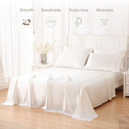 Sleeplite 4 Piece Luxury Satin Bed Sheets Set with Pillowcases - Ultra Soft & Silky, Hypoallergenic & Wrinkle-Free, Hotel Quality Comfort Bedding, Size Full, Snow White Sleeplite