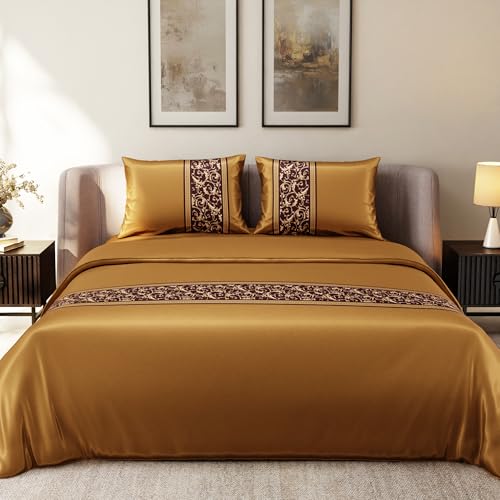 Stoa Paris King Duvet Cover Set 3PCs, 300TC Silk-Like All-Season Luxury Satin Bedding, Skin & Hair Safe, Home Decor, Hidden Zipper + 2 Pillow Shams 20x40”, No Comforter Included, Versailles - Gold Stoa Paris