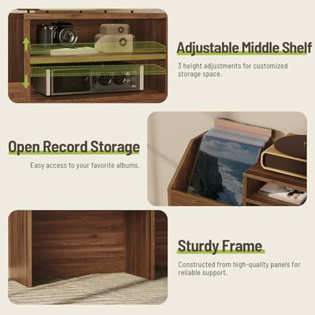STHYTON Large Record Player Stand with Charging Station & 2 Sliding Drawers, Record Storage Cabinet with Vinyl Storage Hold Up to 500+ Album, Mid Century Turntable Stand for Living Room, Music Room STHYTON