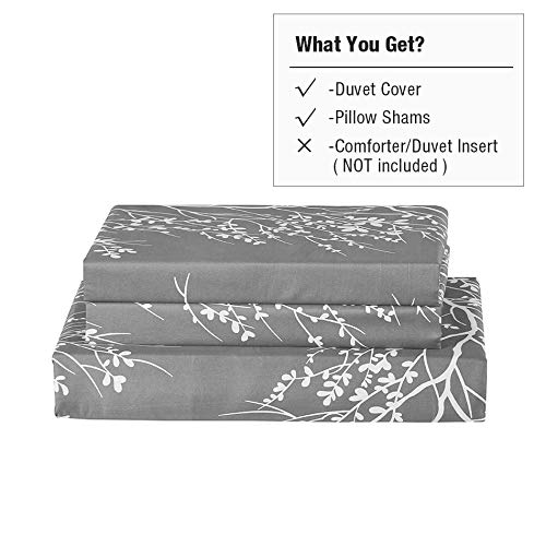 Vaulia Soft Microfiber Duvet Cover King Size, Grey and White Floral Branches Printed Pattern 3-Piece Set (1 Duvet Cover 2 Pillow Shams) Vaulia