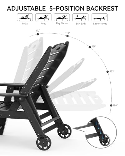 Carauci Lounge Chair Outdoor, HDPE Chaise Lounge with Wheels, 5-Position Adjustable Backrest & 2 Cup Holders Patio Lounge Chair, All-Weather Pool Sun Lounger for Poolside, Backyard, Black Carauci
