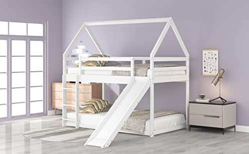 DreamBuck Twin Over Twin House Bunk Bed with Convertible Slide and Safety Guardrail in White - WoodArtSupply