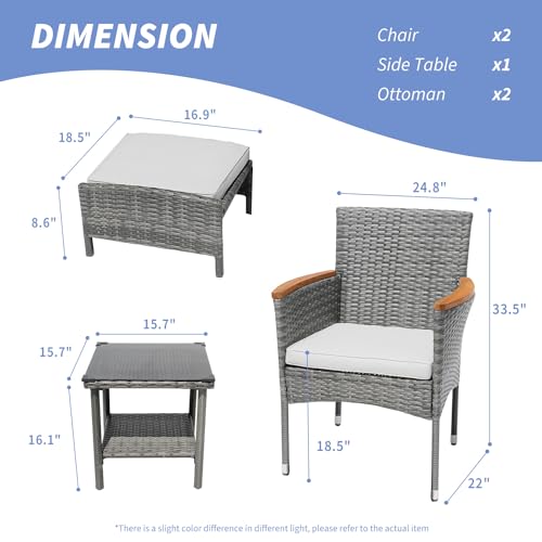 5 Piece Outdoor Patio Furniture Set with Table&Ottoman Outdoor Furniture Patio Set Bistro Wicker Patio Set of 2 Outside Lawn Chairs Conversation Sets for Porch Balcony Deck(Gray Wicker&Gray C - WoodArtSupply