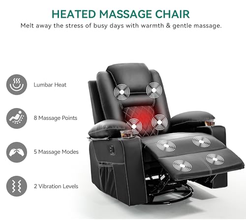 YITAHOME Recliner Chair,PU Rocking Chair for Adults,Swivel Recliner with Cup Holders,Heat and Massage,Single Sofa Seat with Side Pockets for Living Room/Bedroom,Black YITAHOME