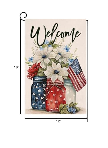 4th of July Floral Garden Flag 12x18 Vertical Double Sided Patriotic Mason Jar Flowers Red Blue Memorial Day Independence Day Holiday Outside Decorations Burlap Yard Flag BW321 BLKWHT