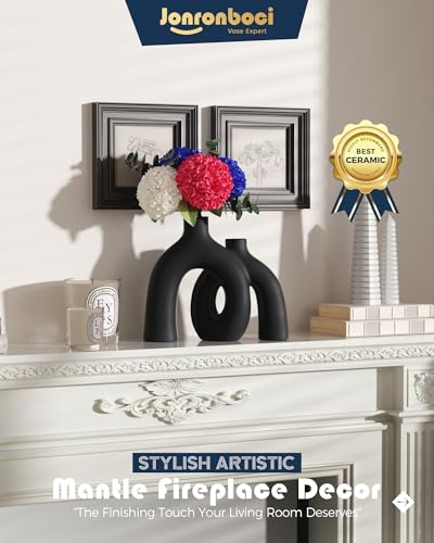 Matte Black Vase Set - Hug Hollow Donut Aesthetic Ceramic Vases Home Decor, Modern Nordic Minimalist Decorative Vase for Table Centerpiece Bookshelf Office Entryway Console Fireplace (Black) Jonronboci