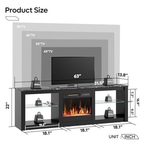 Bestier 63 Inch Modern Fireplace TV Stand for TVs up to 70", LED Entertainment Center with 18" Electric Fireplace Media Console for Living Room with Glass Shelves, Black Marble Bestier
