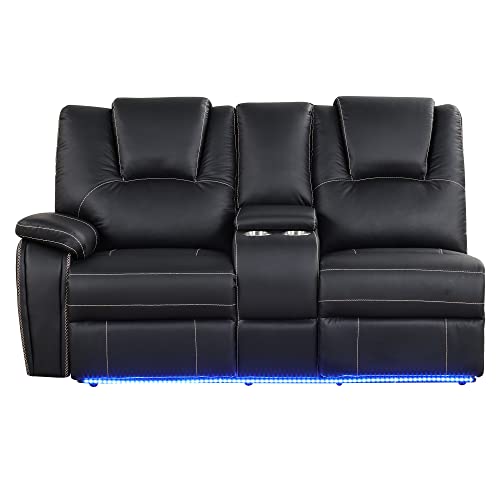 Favfurish 102.36" Home Theater Seating Seats, Movie Theater Chairs with Center Console with LED Light Strip,Living Room Furniture Set,PU Symmetrical Couch with 2 Cup Holders and Storage,Black Favfurish