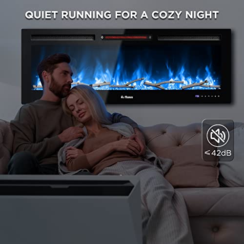TURBRO 50” Smart WiFi Infrared Electric Fireplace with Sound Crackling and Realistic Flame, 1500W Quartz Heater, Recessed or Wall Mounted, Adjustable Flame Effects, Remote Control and App, in Flames TURBRO