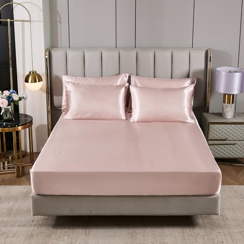 Herside Pink Mocha Satin Comforter Set 7 Pcs Full Size Bed in a Bag Luxury Satin Bedding Set with Comforter Pillowcases and Sheets Sets Mini Pompoms Design Super Soft Silky Bed Set for All Seasons Herside