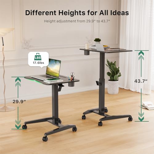 Gibbon Mounts Mobile Standing Desk, Height Adjustable Rolling Laptop Desk with Cup Holder, 27 inches Portable Sit Stand Desk with Wheels and Hook, Pneumatic Computer Table, Black Gibbon Mounts