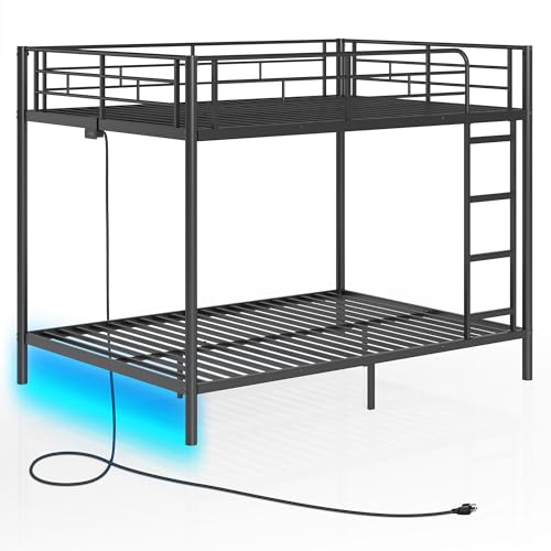 Rolanstar Metal Bunk Bed Full Over Full with USB Charging Station, LED Bunk Bed & Space-Saving, Bed with Safety Guardrail & Ladders, No Box Spring Needed, Easy Assembly, Black Rolanstar