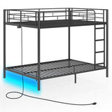 Rolanstar Metal Bunk Bed Full Over Full with USB Charging Station, LED Bunk Bed & Space-Saving, Bed with Safety Guardrail & Ladders, No Box Spring Needed, Easy Assembly, Black Rolanstar