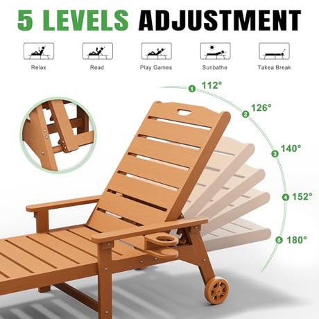 LegacyAmerhome Outdoor Lounge Chair Set of 2 with 5-Position Adjustable, Outside Lounge Chair with Cup Holder, Wheels for Easy Mobility, HDPE Tanning Chair for Poolside, Patio, Brown LegacyAmerhome
