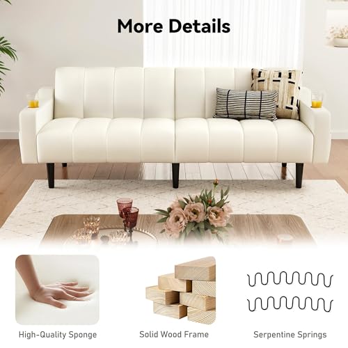 Brelice 80'' Leather Couch, Futon Sofa Bed, Faux Leather Couch with Adjustable Backrest, 2 Cup Holders & Side Pockets, Mid Century Modern Sofa for Living Room, Bedroom, Cream White Brelice
