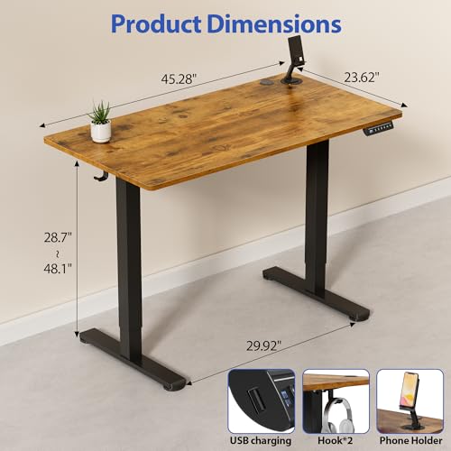 YESHOMY Height Adjustable Electric Standing Desk, 46 x 24 Inches Memory Home Office Sit Stand up Desk with Phone Holder and USB Charging Port, Rustic Brown YESHOMY
