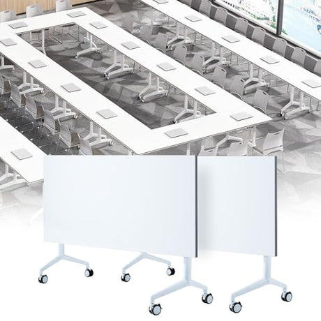 Conference Table Folding Conference Room Table with Wheels 63”x 23.6”Mobile Meeting Tables Foldable Rolling Modern Minimalist Desk for Office Podcast Training Breakroom, White(2pcs) Bisonful