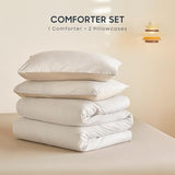 Wake In Cloud - Striped Comforter Set, Ticking Stripe Vertical Pinstripe Neutral Farmhouse Pattern Printed, Soft Lightweight Bedding, 3 Pieces, Light Brown White, Twin/Twin XL Size Wake In Cloud