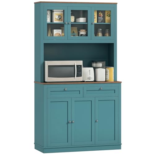 HOMCOM 71" Kitchen Pantry Cabinet, Freestanding Kitchen Hutch with Microwave Stand, 2 Drawers and Adjustable Shelves, Bar Cabinet with Glass and Recessed Doors for Dining Room, Green HOMCOM